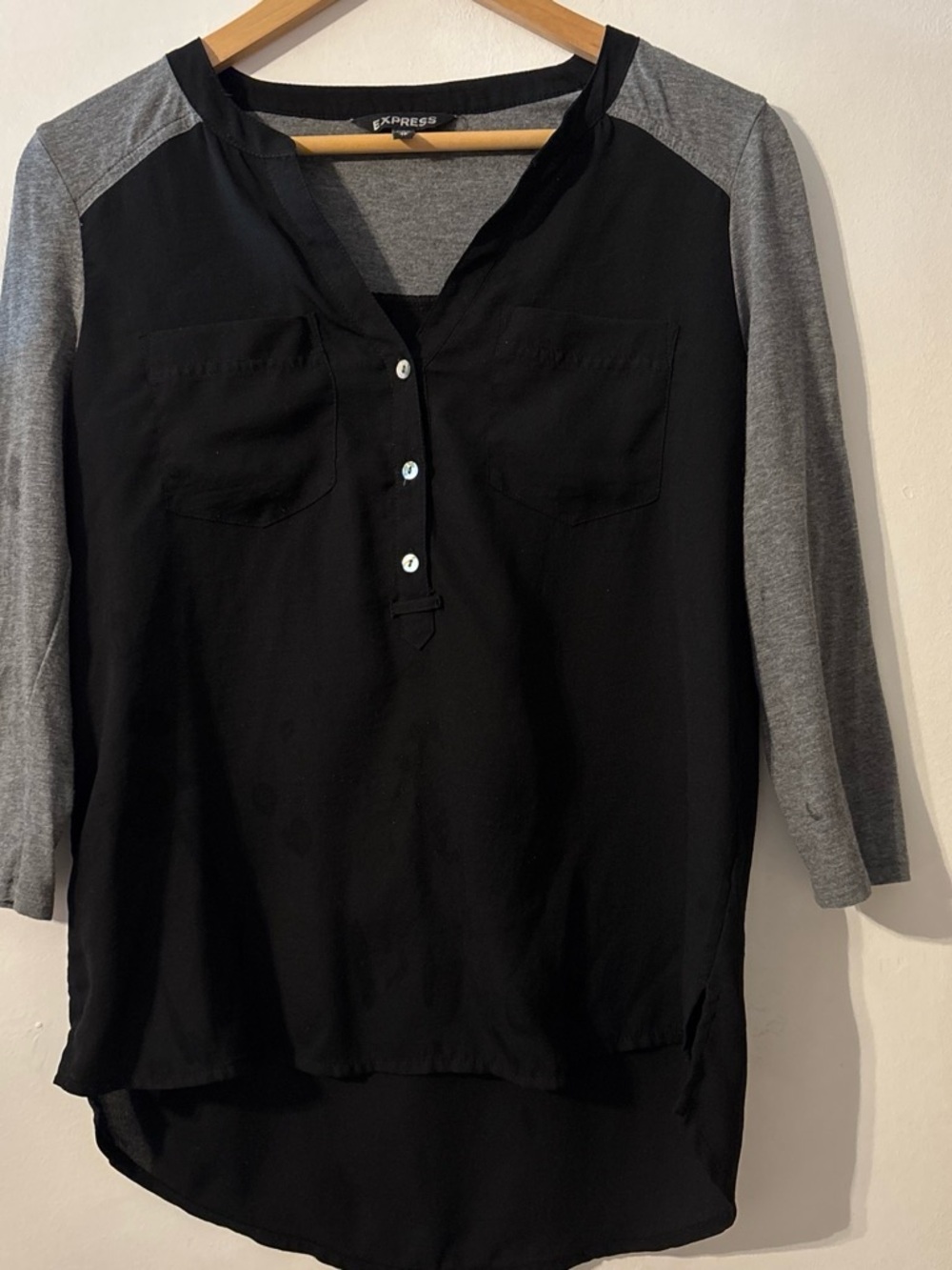 Express Black Body with Gray Raglan Sleeve Henley Top